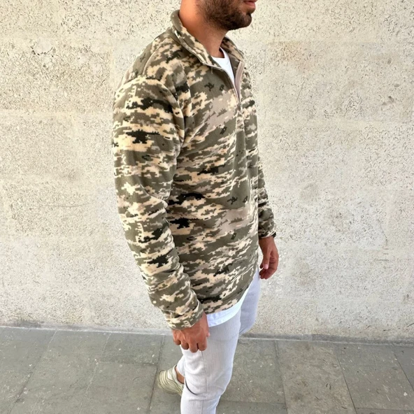 Erkek Yarım Fermuarlı Desenli Polar Sweat – Haki Kamuflaj Yakalı, Uzun Kollu, Oversize Rahat Kalıp - Haki - 3