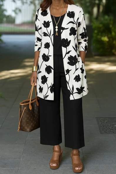 Kadın Uzun Kollu önü Açık Modal Ceket Kolsuz Viskon Iki Iplik Bluz Ve Pantolon üçlü Takım - 4