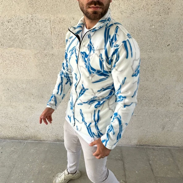 Erkek Tam Fermuarlı Desenli Polar SweatLightning Desen Yakalı, Uzun Kollu, Oversize Rahat Kalıp - Beyaz - Resim 3