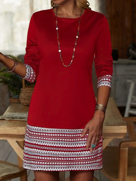 Kadın Uzun Kollu Bisiklet Yaka Kol Ağzı Ve Etek Ucu Baskılı Iki Iplik Elbise - 2
