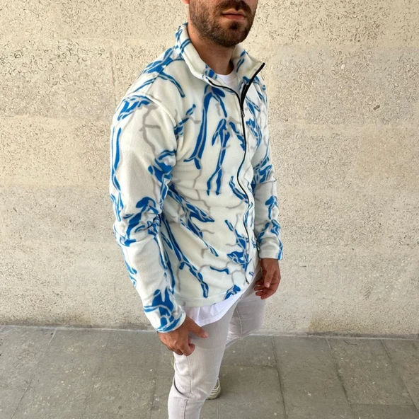 Erkek Tam Fermuarlı Desenli Polar SweatLightning Desen Yakalı, Uzun Kollu, Oversize Rahat Kalıp - Beyaz - Resim 2