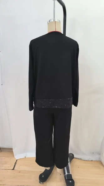 Kadın Uzun Kollu Bisiklet Yaka Pulpayetli Viskon Iki Iplik Bluz Ve Pantolon Ikili Takım - Resim 8