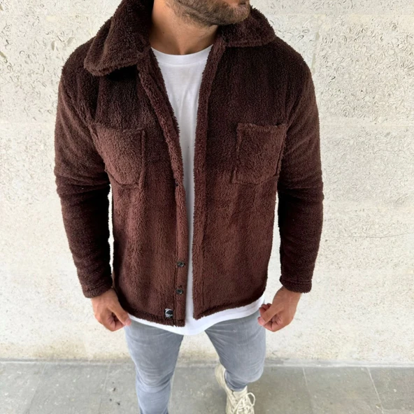 Erkek Pelüş Polar Hırka Gömlek – Yakalı, İlik Düğmeli, Göğüs Cepli, Yumuşak Dokulu Kışlık Regular Fit Rahat Günlük Model - Kahverengi - 2