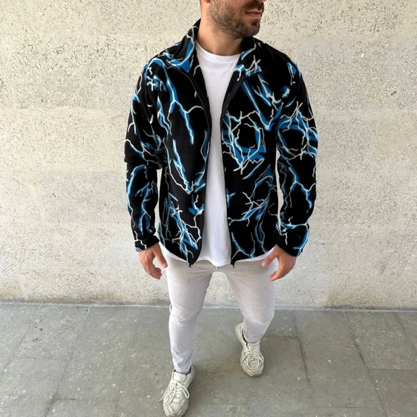 Erkek Tam Fermuarlı Desenli Polar Sweat Lightning Desen Yakalı, Uzun Kollu, Oversize Rahat Kalıp - Siyah - 4