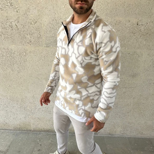 Erkek Yarım Fermuarlı Desenli Polar Sweat Yakalı, Uzun Kollu, Oversize Rahat Kalıp - Bej - 2