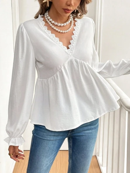 Kadın Uzun Kollu V Dantel Yaka Aerobin Bluz - 4