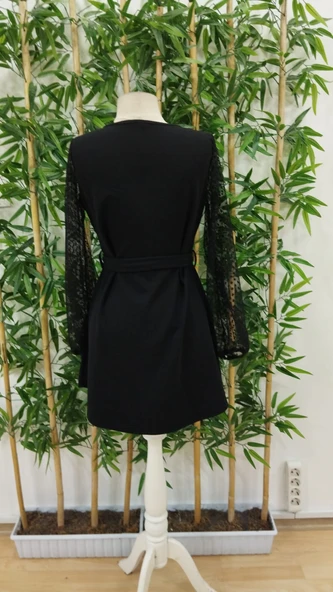 Kadın Uzun Kollu Yakadan Bağcıklı Belden Kuşaklı Ithal Krep Elbise - 5