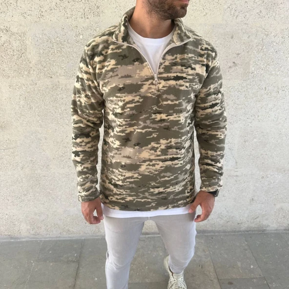 Erkek Yarım Fermuarlı Desenli Polar Sweat – Haki Kamuflaj Yakalı, Uzun Kollu, Oversize Rahat Kalıp - Haki - 2