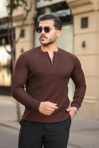 Erkek Fermuarlı Bisiklet Yaka Dokulu Uzun Kollu Triko
