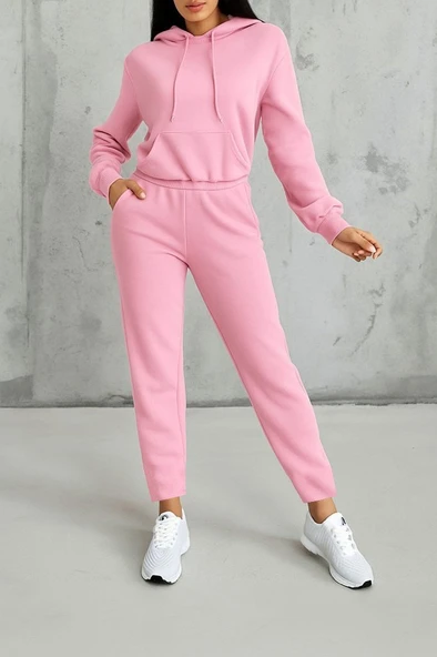 Kadın Uzun Kollu Kapşonlu Bağcıklı üç Iplik Bluz Ve Pantolon Ikili Takım - 2