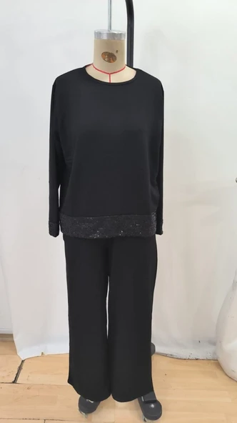 Kadın Uzun Kollu Bisiklet Yaka Pulpayetli Viskon Iki Iplik Bluz Ve Pantolon Ikili Takım - Resim 6