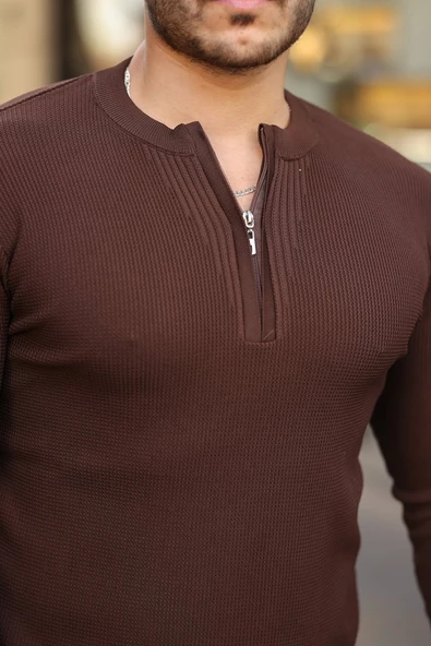 Erkek Fermuarlı Bisiklet Yaka Dokulu Uzun Kollu Triko - 3