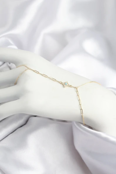 Pirinç Zirkon Taşlı Mavi Boncuklu Yonca Model Gold Renk Şahmeran - TJ-SN721 ürün görseli 1