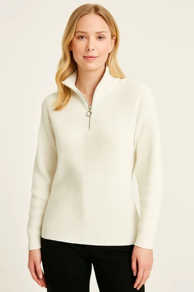 KADIN Yarım Fermuarlı Triko Kazak – Selanik Örgü, Dik Yaka, Pamuklu Dokuma, Oversize Uzun Kollu Kışlık Model - Beyaz - 2