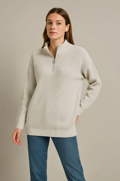 KADIN Yarım Fermuarlı Triko Kazak – Selanik Örgü, Dik Yaka, Pamuklu Dokuma, Oversize Uzun Kollu Kışlık Model - Gri - 2