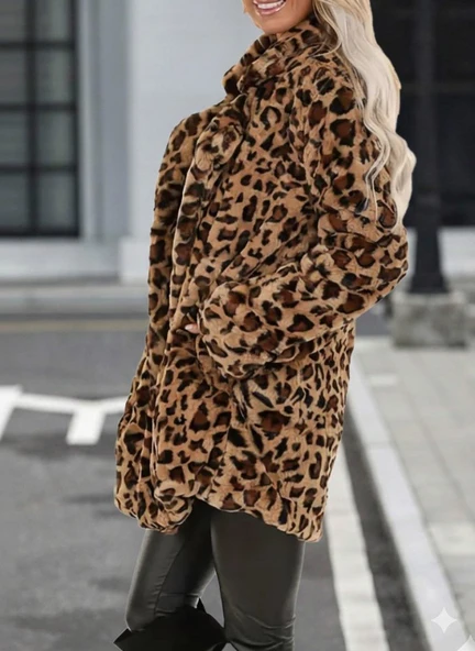Kadın Uzun Kollu Yakalı Cepli Kısa Peluş Leopar Kaban - 2