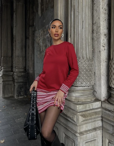 Kadın Uzun Kollu Bisiklet Yaka Kol Ağzı Ve Etek Ucu Baskılı Iki Iplik Elbise - 8