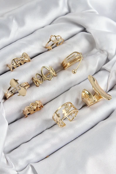 Pirinç Sarmal Ve Yıldız Model Gold Renk Kadın Yüzük Kombin Set - TJ-BYK3813 ürün görseli