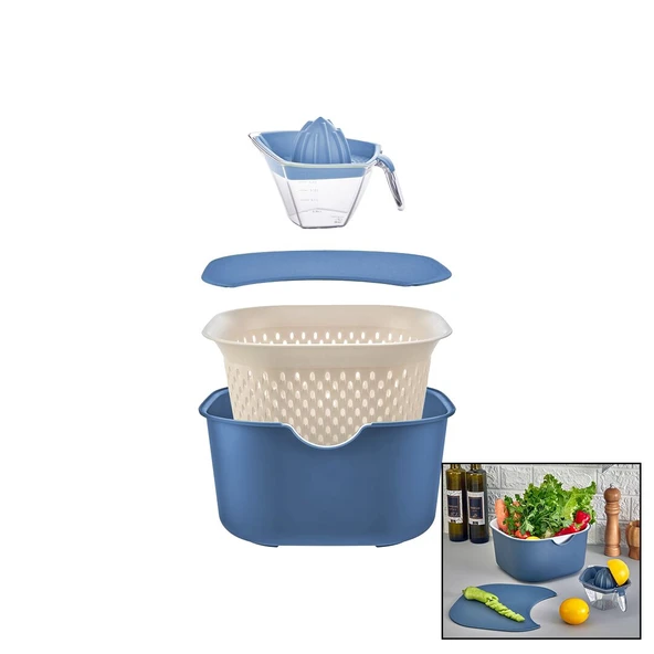 MAVİ 5PCS MUTFAK SETİ PLS.KARIŞTIRMA KAP=4LT - SÜZGEÇ=3.5LT - KESİM PANO - SIKACAK=0.25LT (5284) - Resim 2