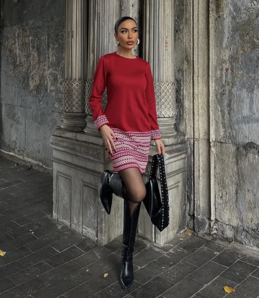 Kadın Uzun Kollu Bisiklet Yaka Kol Ağzı Ve Etek Ucu Baskılı Iki Iplik Elbise - 6