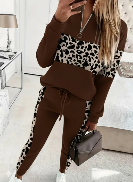 Kadın Uzun Kollu Fermuarlı Karışık Desenli Viskon Iki Iplik Bluz Ve Pantolon Ikili Takım - Resim 4