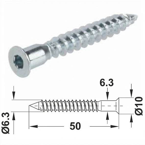 Alyan Başlı Kabin Vidası 5cm Mobilya Tv Ünite Dolap Sehpa Montaj Birleştirme Vida Aparatı -10 Adet - 2