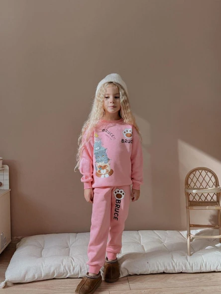 Cg Kids Kedi Temalı Kız Çocuk 3 iplik Şardonlu Alt Üst Takım Süper Kalite Kumaş