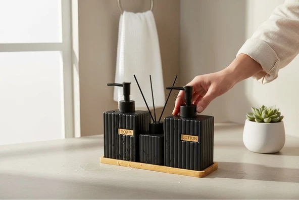Bounies banyo seti takımı - sıvı sabunluk seti bambu altlıklı 4 parça siyah ürün görseli