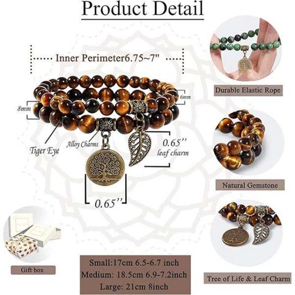 Valkyrie Doğal Kaplan Gözü Taşı Bileklik El Yapımı Enerji Dengeleyici Hayat Ağacı ve Yaprak Charm Denge ve Enerji - 8
