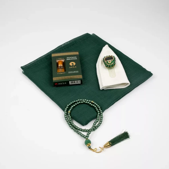 Eşarp + Takke + Esans + Tesbih + Zikirmatik Hediye Seti (Asetat Kutulu, Yeşil) - 2