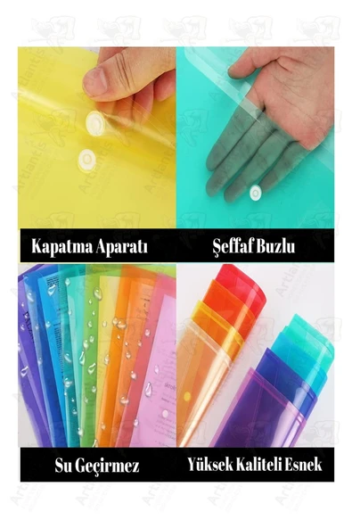 Yeşil A4 Çıtçıtlı Dosya Şeffaf Renkli Zarf Dosya 2 Adet Çıt Çıtlı Dosya Su Geçirmez 100 Yaprak Kapasite - 3