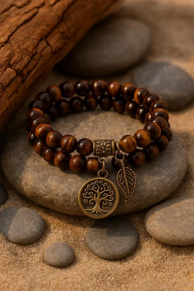 Valkyrie Doğal Kaplan Gözü Taşı Bileklik El Yapımı Enerji Dengeleyici Hayat Ağacı ve Yaprak Charm Denge ve Enerji - 5