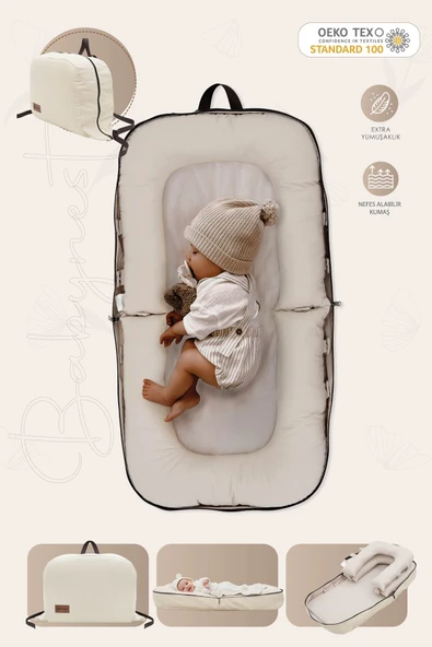 Mordesign 0-6 Ay Katlanabilir Babynest Bebek Yatağı,Taşınabilir Anne Yanı Yatağı Çantalı Foldable Serisi Bej