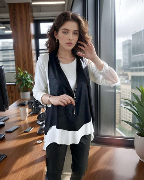 Kadın Uzun Kol Asimetrik Kesim Viskon Bluz Ve çatlak Deri Görünümlü Fermuar Detaylı Yelek Ikili Takım - Resim 3