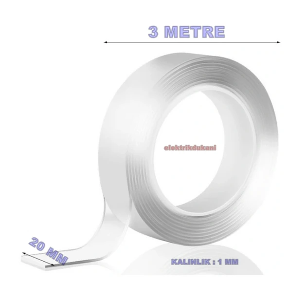 Nano Teknoloji Süper Yapıştırıcı Çift Taraflı Şeffaf Bant 1mm x 20mm x 3metre - 2