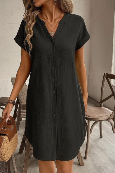 Kadın Kısa Kollu önden Düğmeli Ithal Keten Elbise - Resim 3