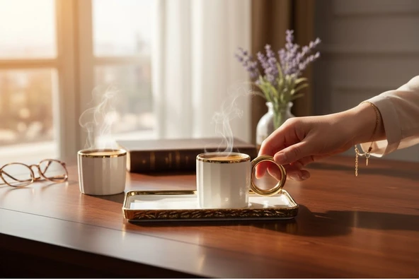 Buenos porselen sedef yaldızlı sunumluklu kahve fincan takımı seti 6 kişilik ürün görseli 1