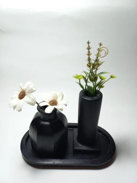 Tabaklı Dekoratif İkili Vazo Set Siyah Dekor ürün görseli 1