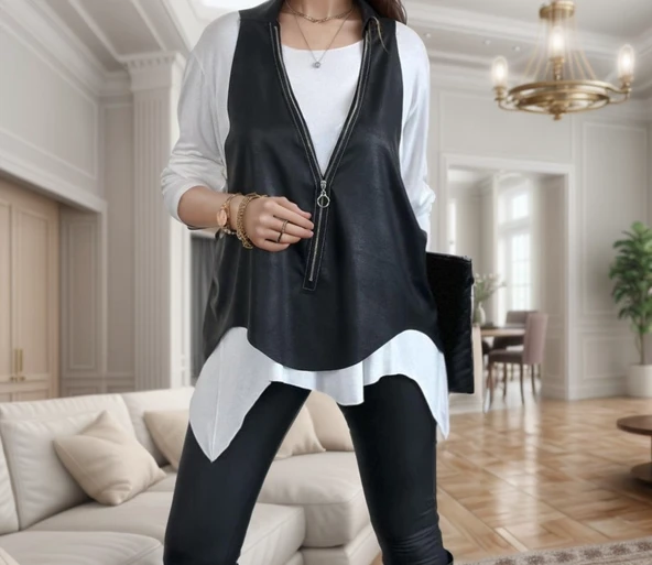 Kadın Uzun Kol Asimetrik Kesim Viskon Bluz Ve çatlak Deri Görünümlü Fermuar Detaylı Yelek Ikili Takım - Resim 6