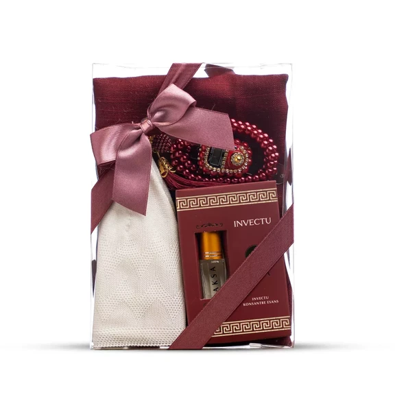 Eşarp + Takke + Esans + Tesbih + Zikirmatik Hediye Seti (Asetat Kutulu, Bordo)