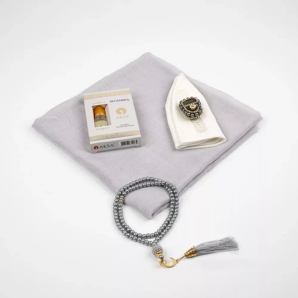 Eşarp + Takke + Esans + Tesbih + Zikirmatik Hediye Seti (Asetat Kutulu, Gri) - 2