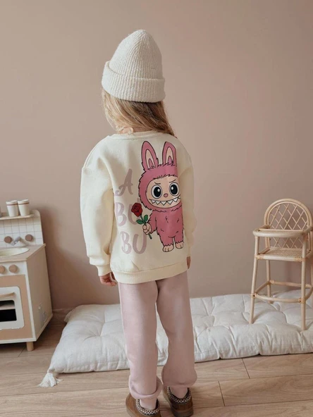 Cg Kids Labubu Kız Çocuk 3 İplik Şardonlu Alt Üst Takım Süper Kalite Kumaş Sırt Baskı Detaylı - 2