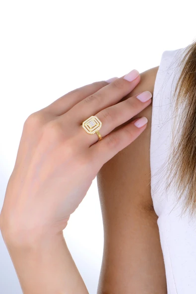 Gümüş altın yaldızlı çift sıra zirkon taşlı pırlanta montürlü baget yüzük - Resim 2