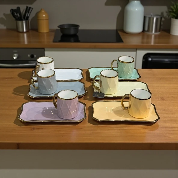 Buenos porselen sedef yaldızlı sunumluklu kahve fincan takımı seti 6 kişilik ürün görseli