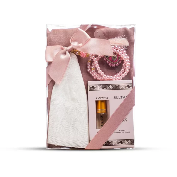 Eşarp + Takke + Esans + Tesbih + Zikirmatik Hediye Seti (Asetat Kutulu, Pembe)