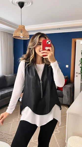 Kadın Uzun Kol Asimetrik Kesim Viskon Bluz Ve çatlak Deri Görünümlü Fermuar Detaylı Yelek Ikili Takım - Resim 2