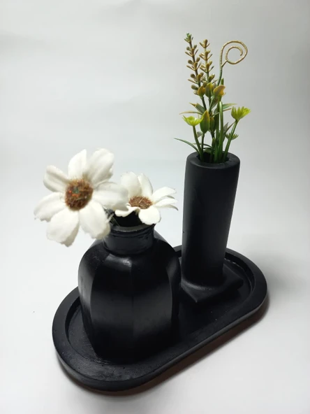 Tabaklı Dekoratif İkili Vazo Set Siyah Dekor - Resim 2