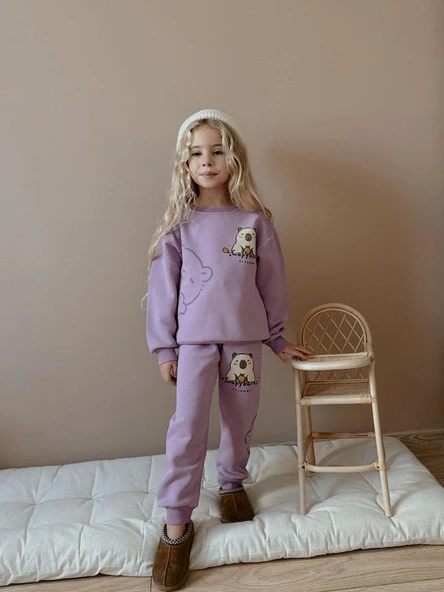 Cg Kids Capybara Kız Çocuk 3 iplik Şardon Kumaş Alt Üst Takım Süper Kalite Sırt Baskı Detaylı Mor Renk