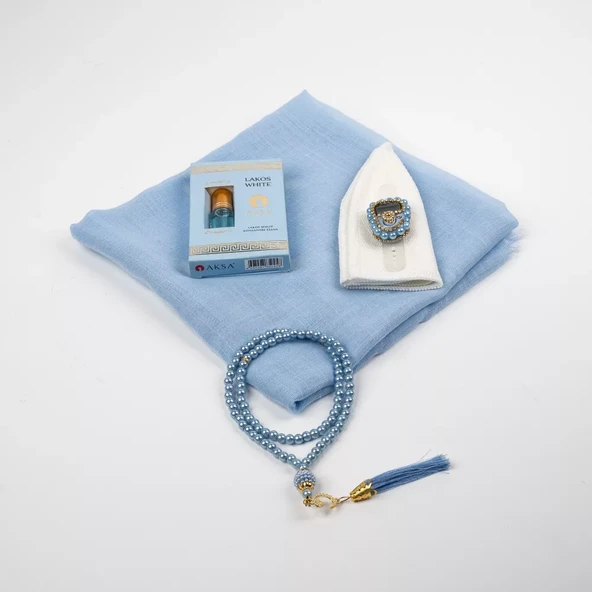 Eşarp + Takke + Esans + Tesbih + Zikirmatik Hediye Seti (Asetat Kutulu, Mavi) - 2