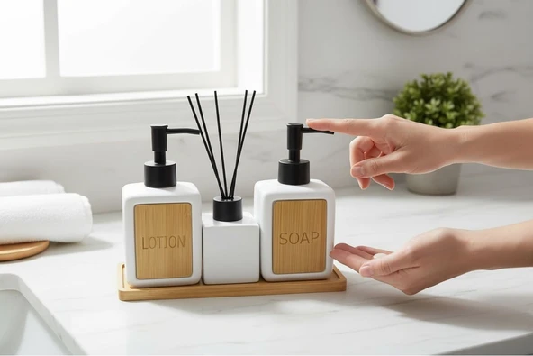 Bounies banyo seti takımı - sıvı sabunluk seti bambu altlıklı 4 parça beyaz ürün görseli